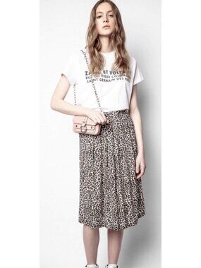 Zadig & Voltaire Jude Leopard Print Pleated Midi Skirt Pockets Size 38 M [jb]